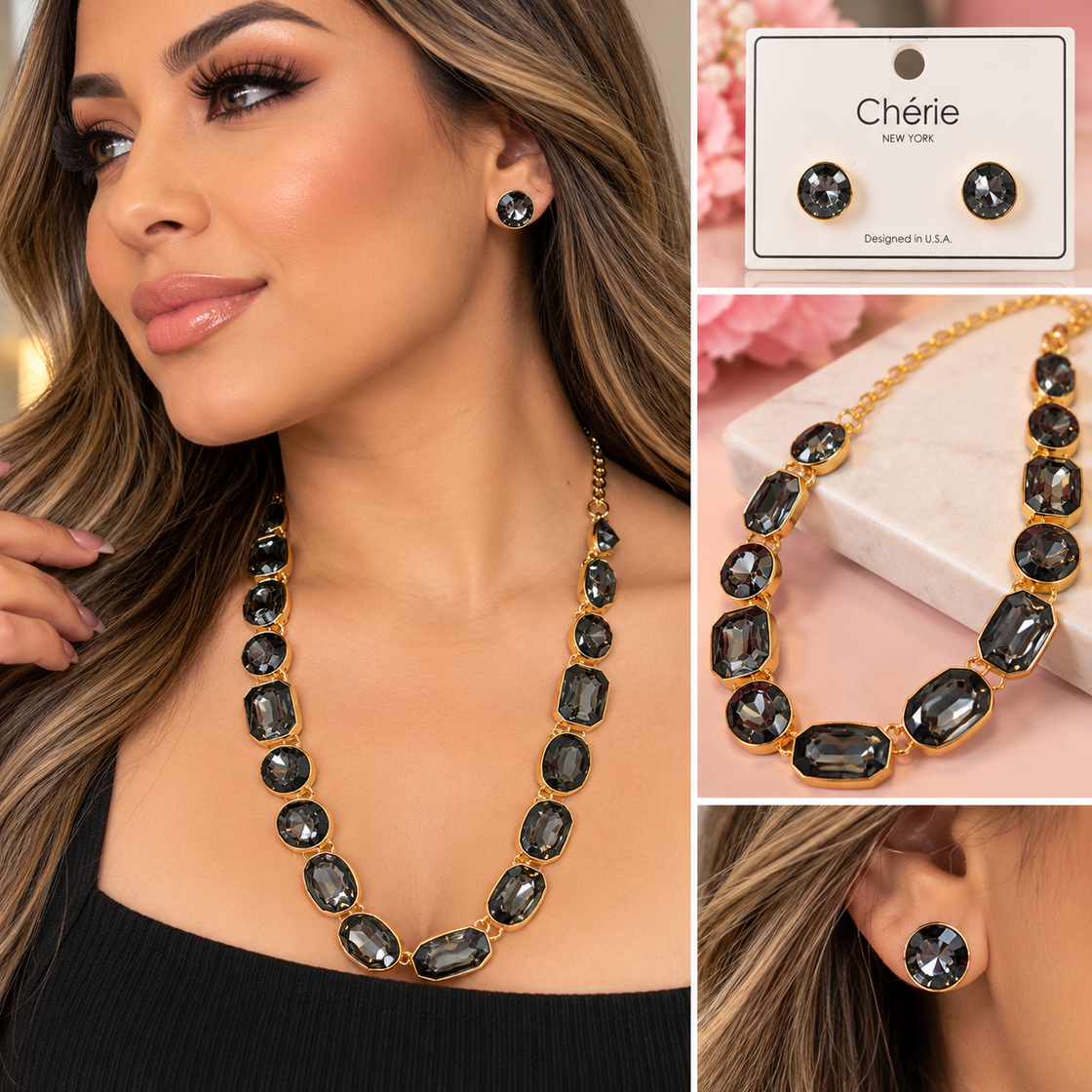 Smoky Black Crystal Necklace & Earrings Set