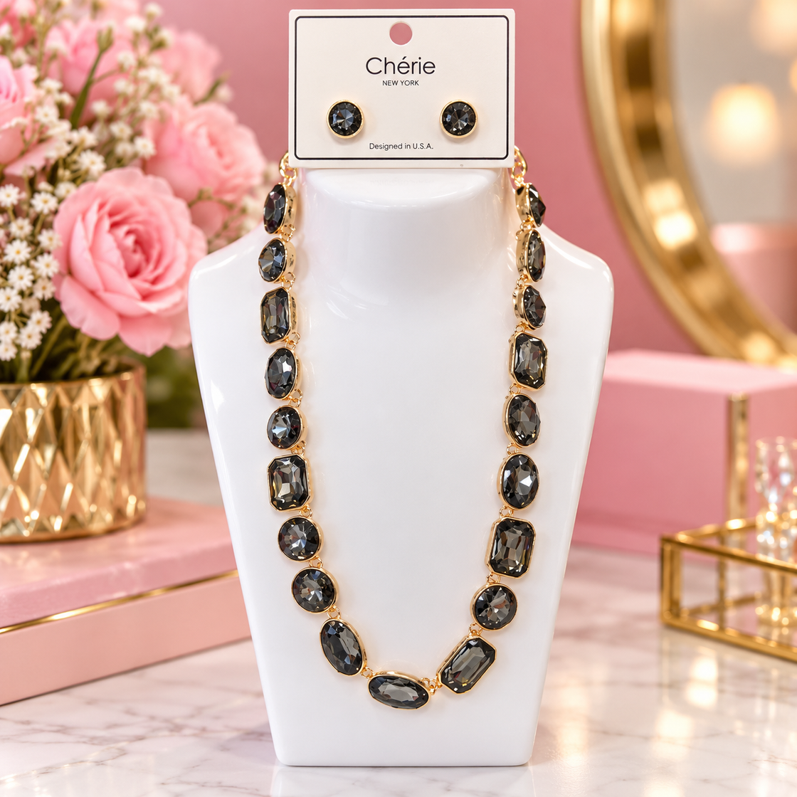 Smoky Black Crystal Necklace & Earrings Set