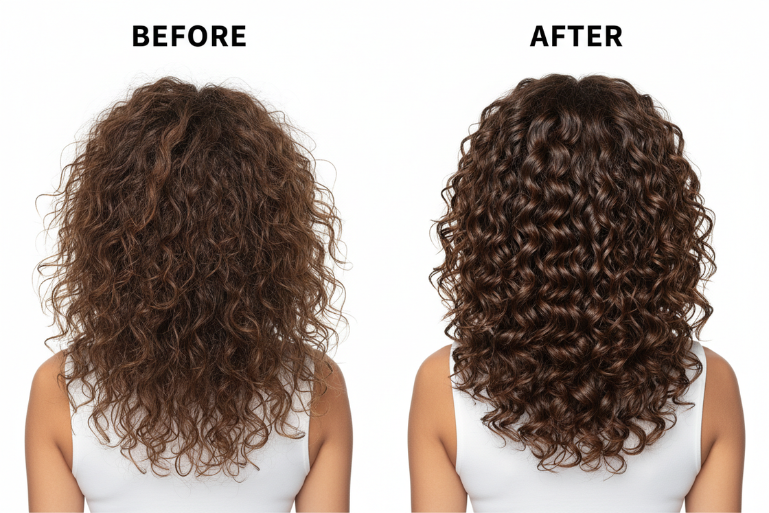 can you create an image of facing back of a curly hair before and after