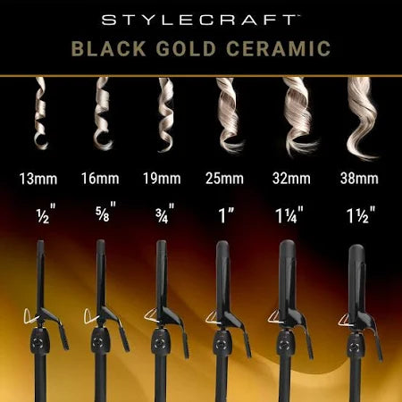 StyleCraft Stay-Temp Black Gold Professional Curling Iron with Extra-Long Thumb Grip, Extended Barrel, Marcel