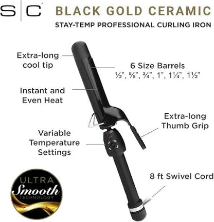 StyleCraft Stay-Temp Black Gold Professional Curling Iron with Extra-Long Thumb Grip, Extended Barrel, Marcel